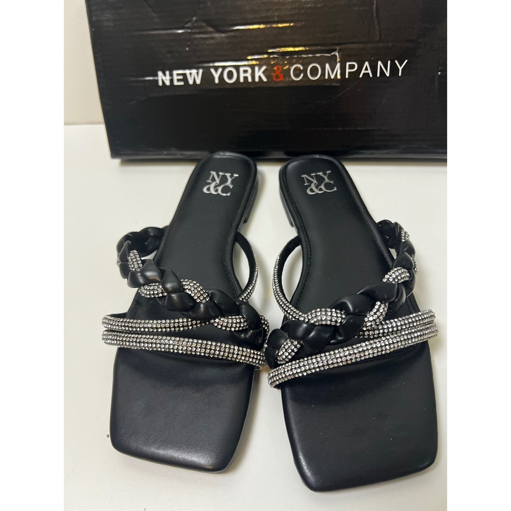 NY & Company Alessia Black Braided Rope Sparkle Slide Sandals Women's Sz 6‎ NIB